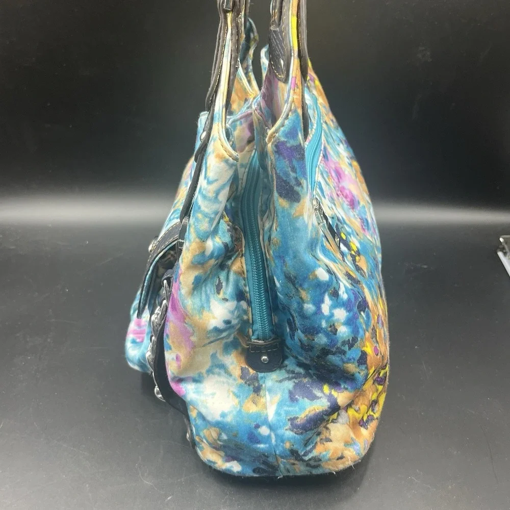 Wilson Leather Blue and Pink Water‎ Color Floral Fabric Hobo Bag Rare